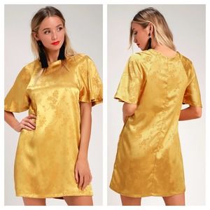Lulus Blossom Golden Yellow Floral Jacquard Shift Dress Medium